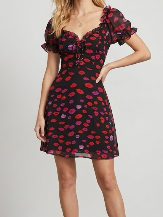 Betsey Johnson Dresses & Skirts - Betsey Johnson Black Red Lipstick Print Puff Sleeve Mini Dress 10
